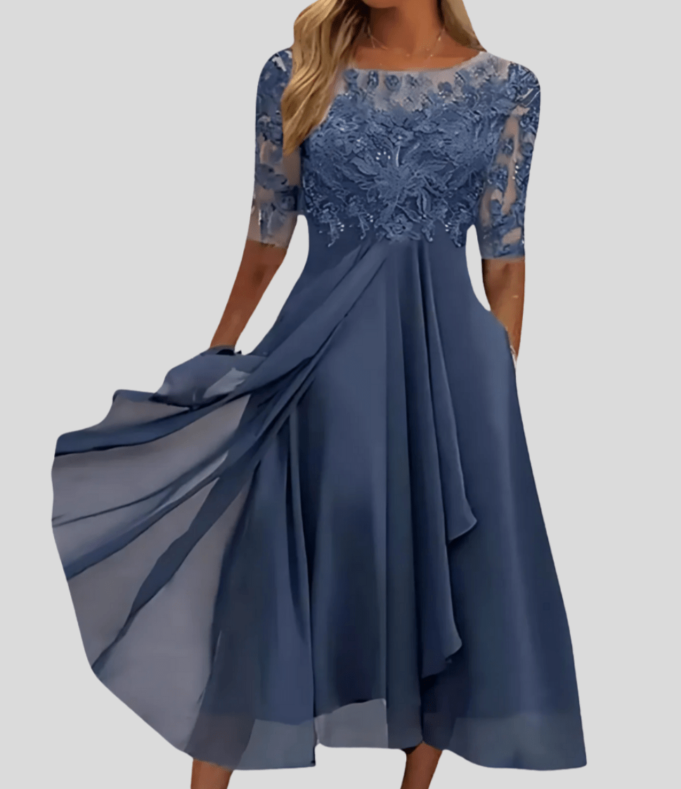 V-Neck Lace Wedding Guest Midi Dress