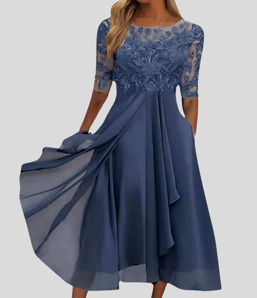 V-Neck Lace Wedding Guest Midi Dress