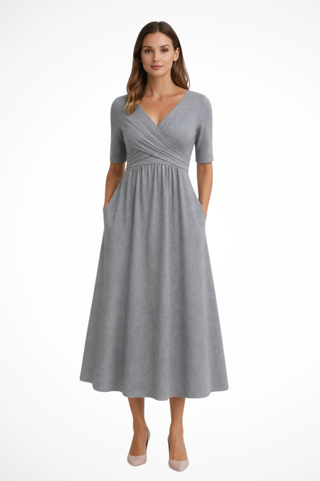 Short-Sleeve Wrap Midi Dress