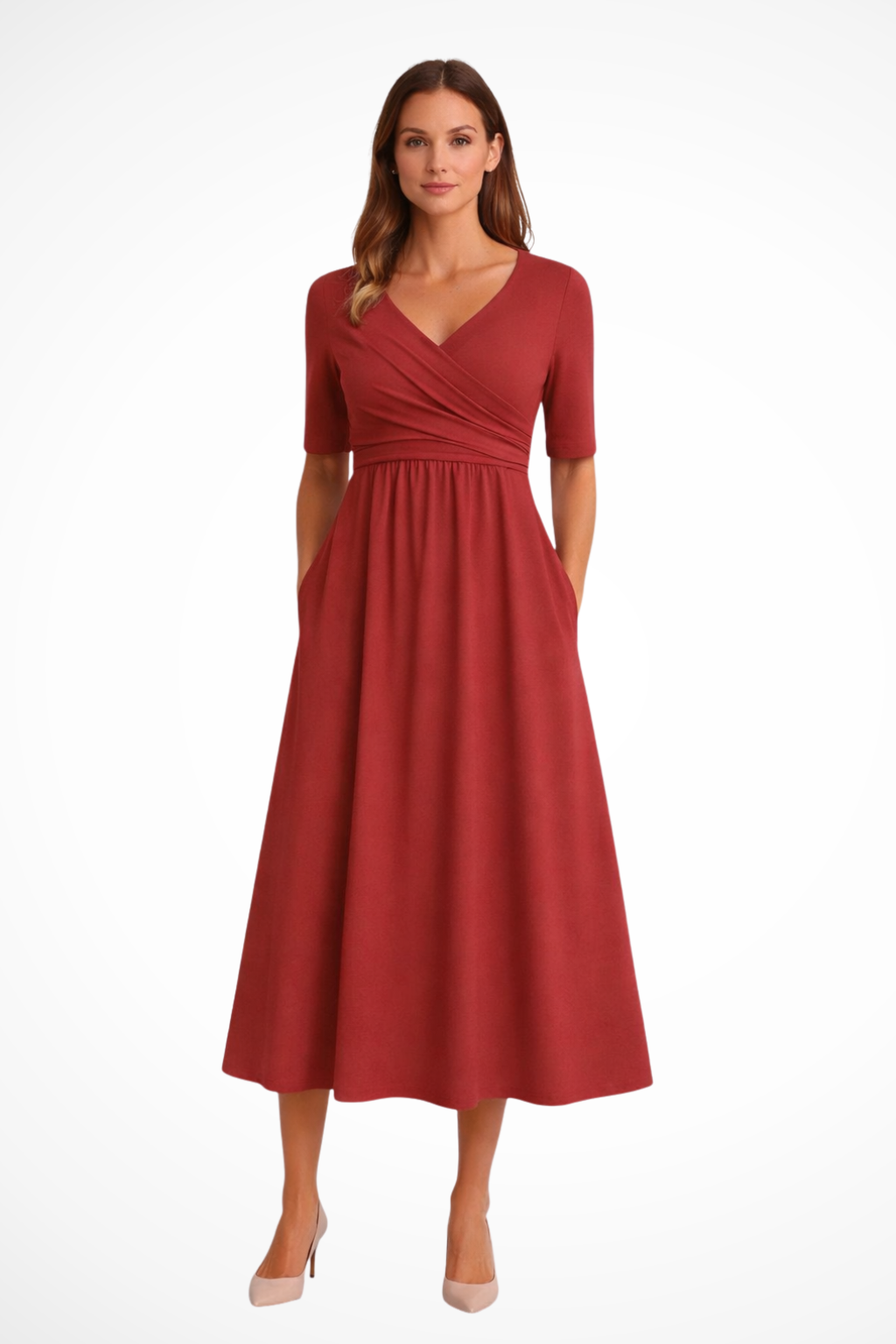 Short-Sleeve Wrap Midi Dress