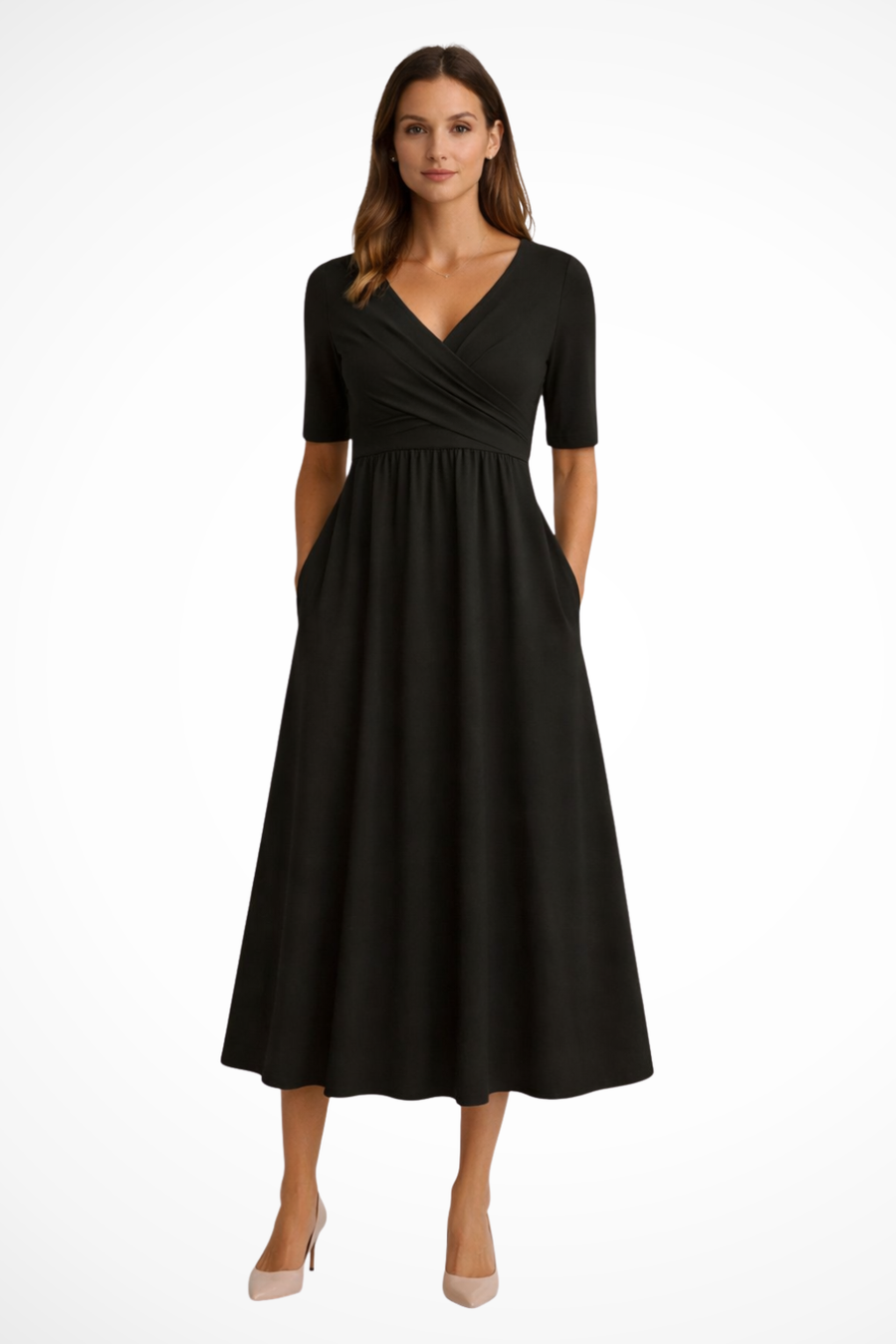 Short-Sleeve Wrap Midi Dress