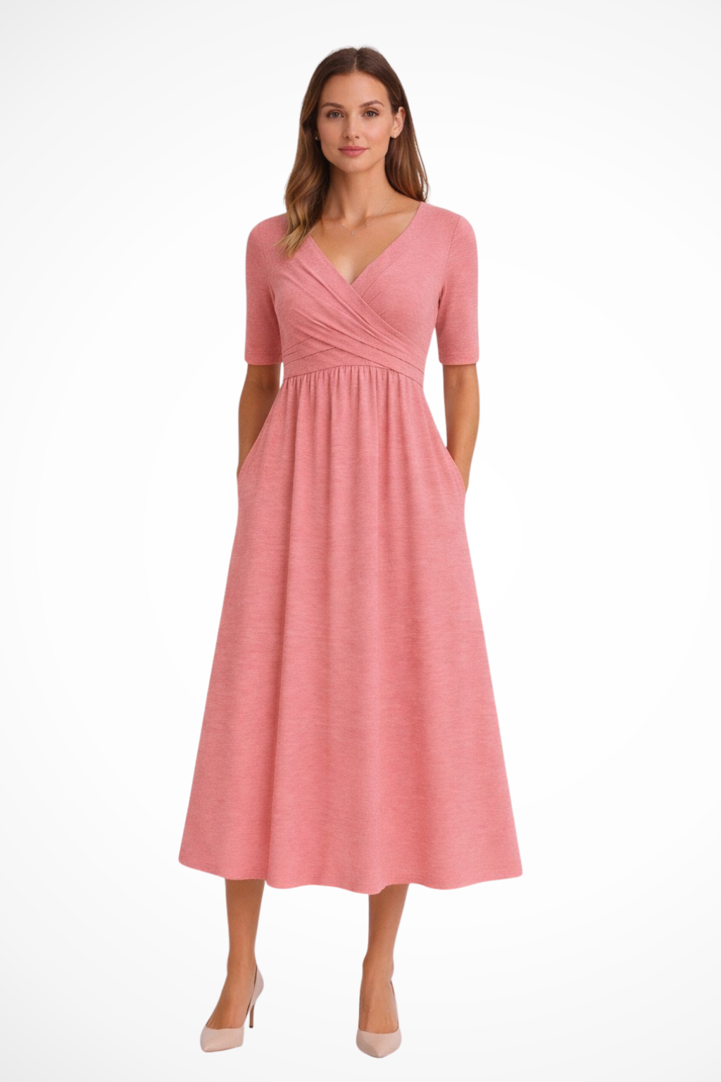 Short-Sleeve Wrap Midi Dress