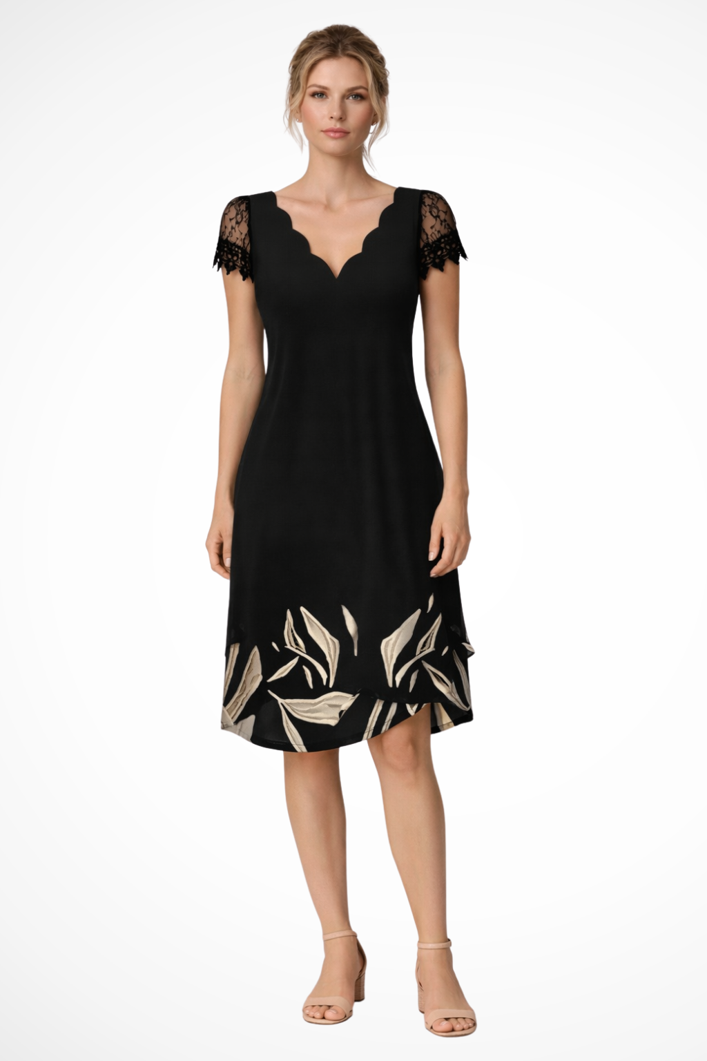 Lace-Sleeve Wedding Guest Midi Dress
