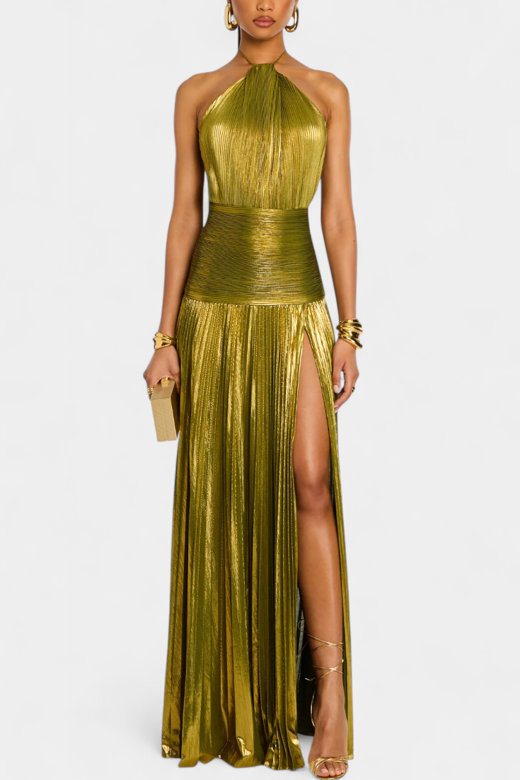 Green Halterneck Pleated Maxi Dress