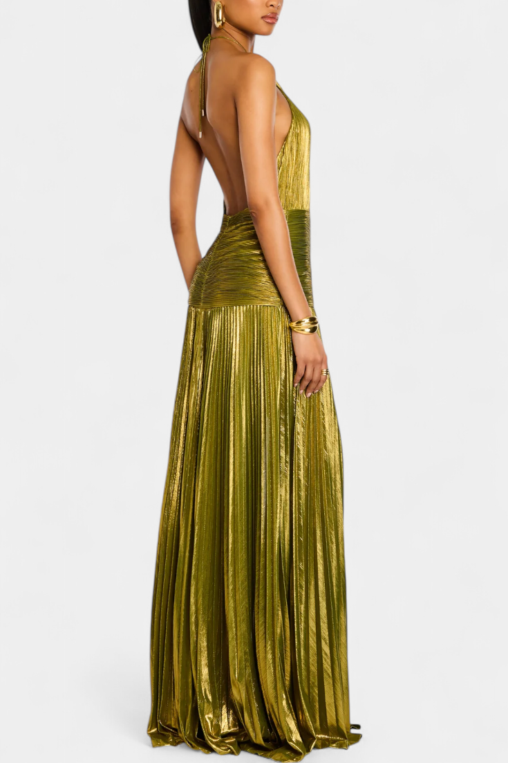 Green Halterneck Pleated Maxi Dress