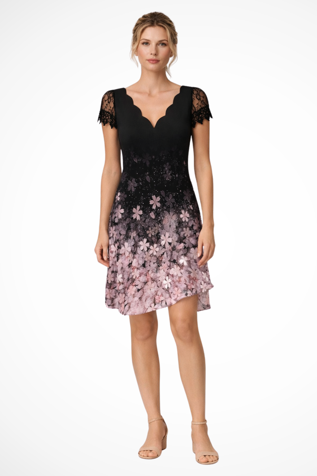 Lace-Sleeve Wedding Guest Midi Dress