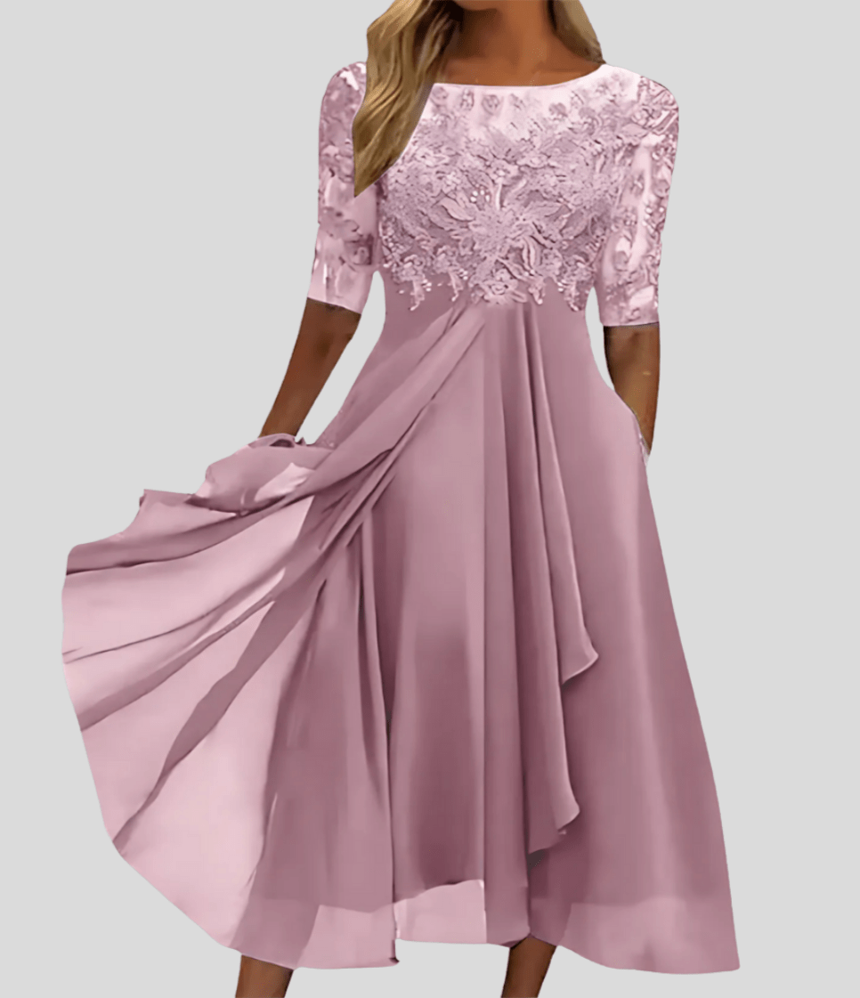 V-Neck Lace Wedding Guest Midi Dress