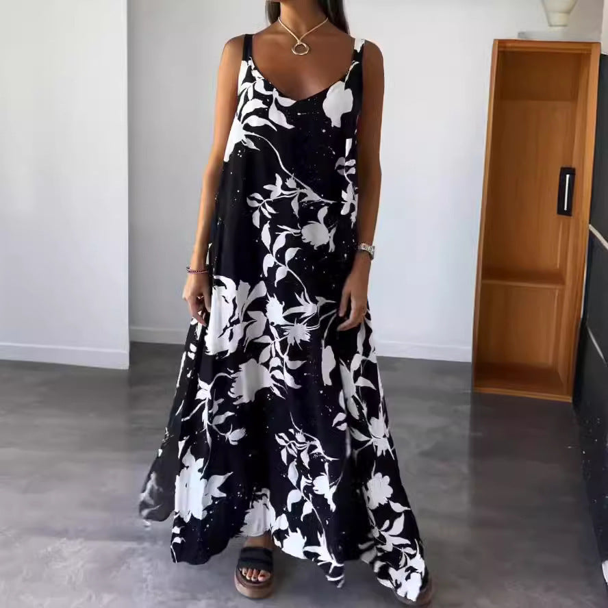 Printed Linen Strappy Maxi Dress
