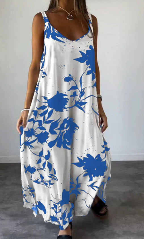 Printed Linen Strappy Maxi Dress
