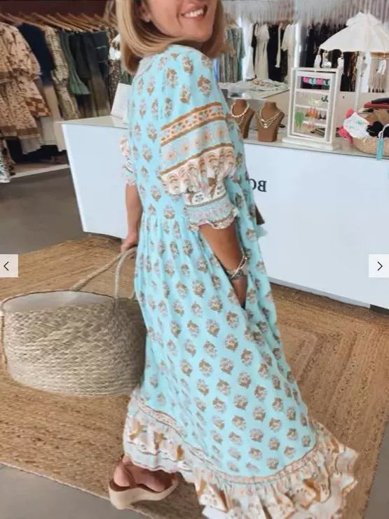 Floral Ruffle Lantern-Sleeve Maxi Dress