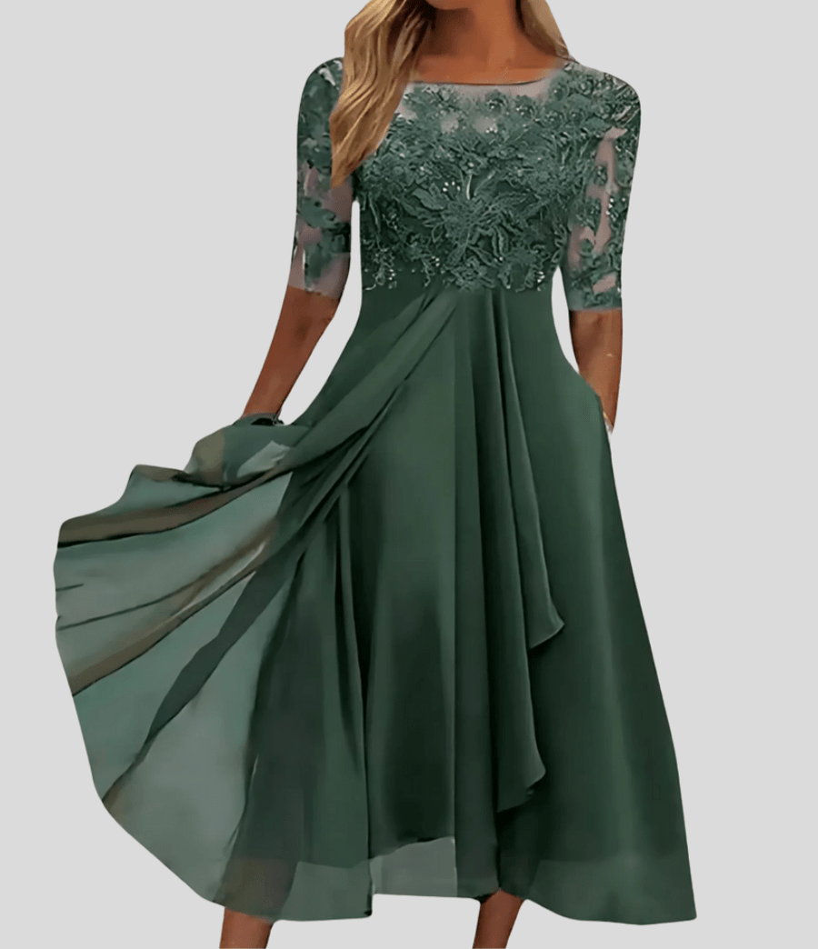 V-Neck Lace Wedding Guest Midi Dress