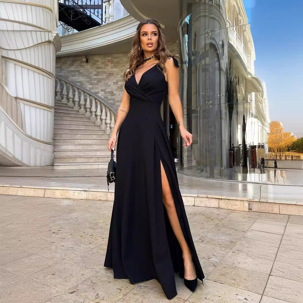 One-Shoulder Pleated Maxi Dress