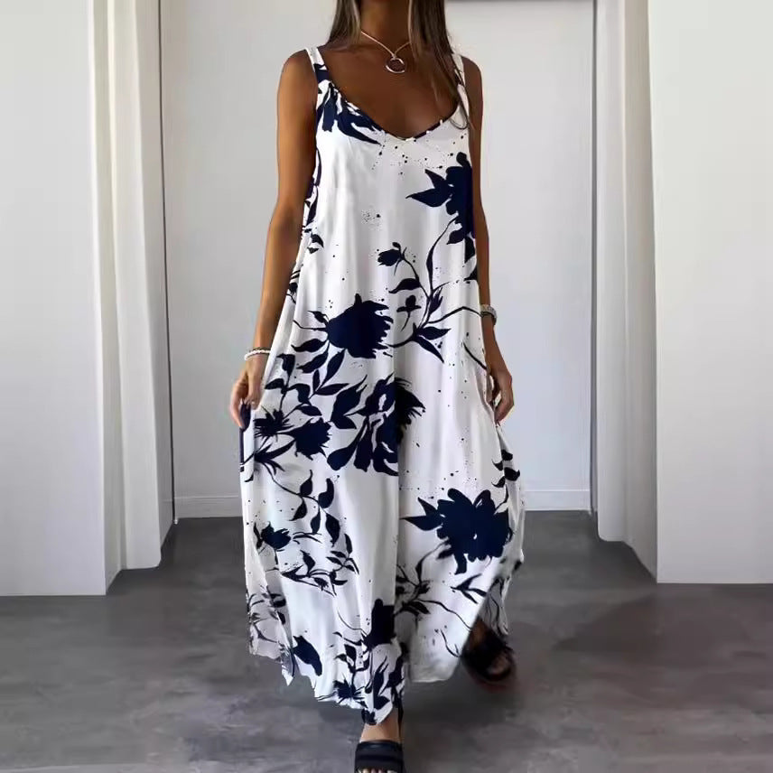 Printed Linen Strappy Maxi Dress