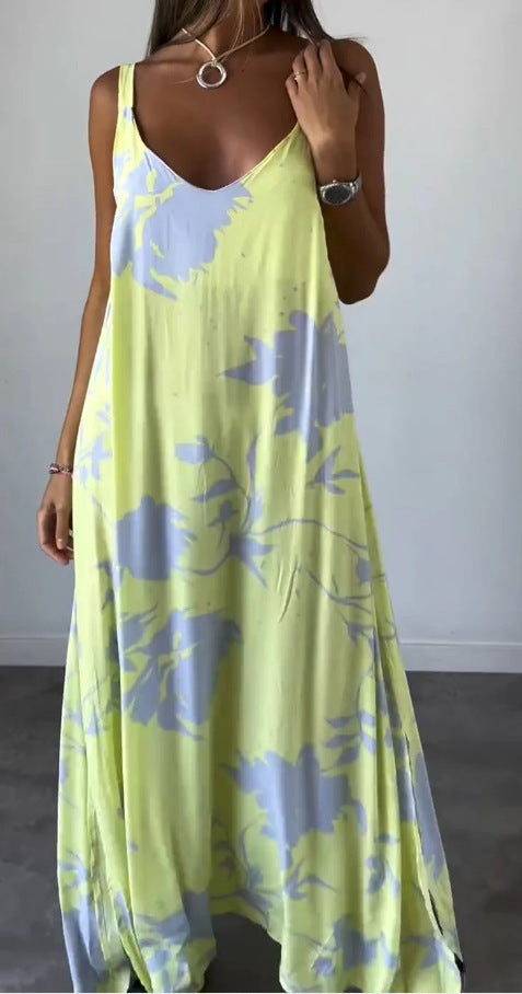 Printed Linen Strappy Maxi Dress
