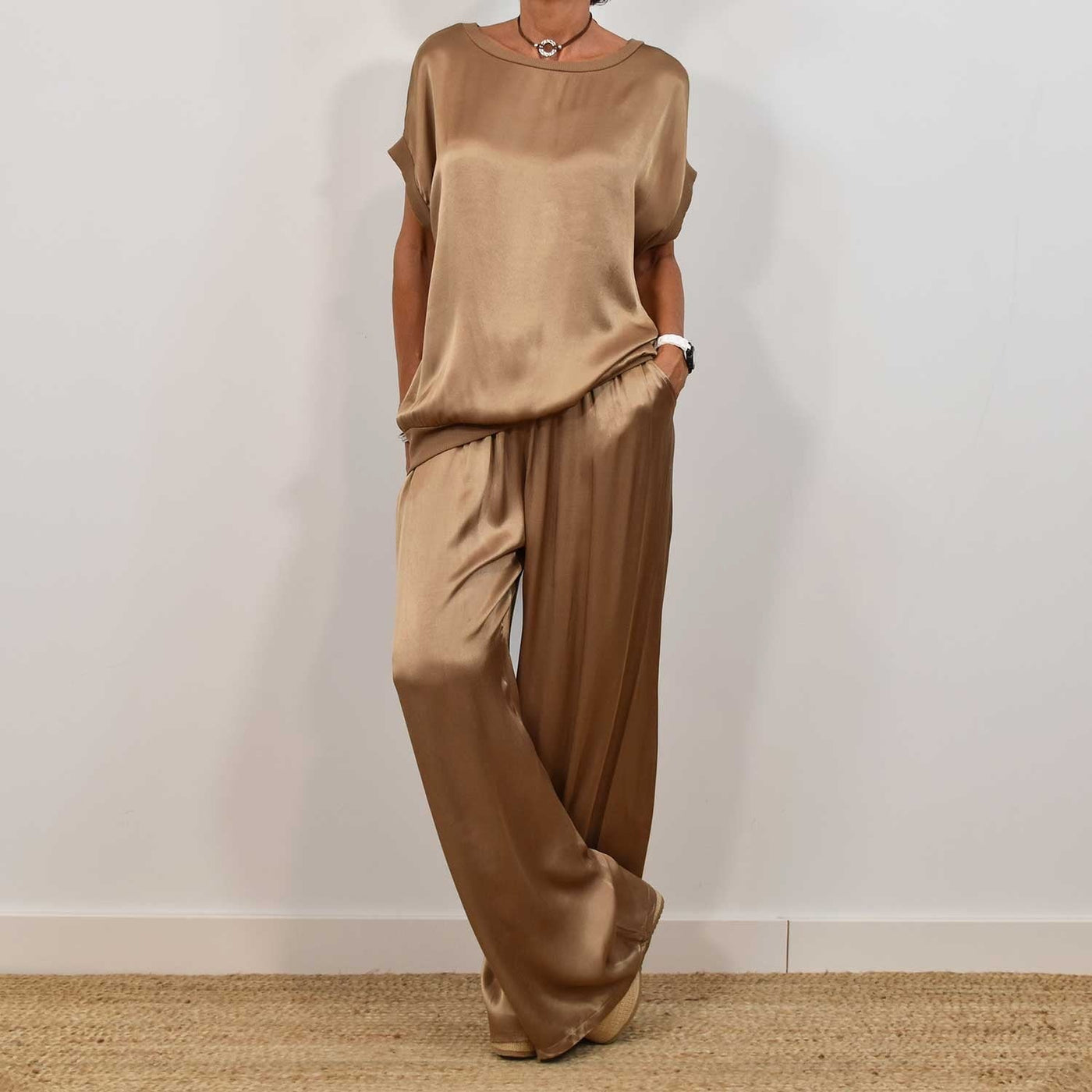 Satin Top and Wide-Leg Trouser Set