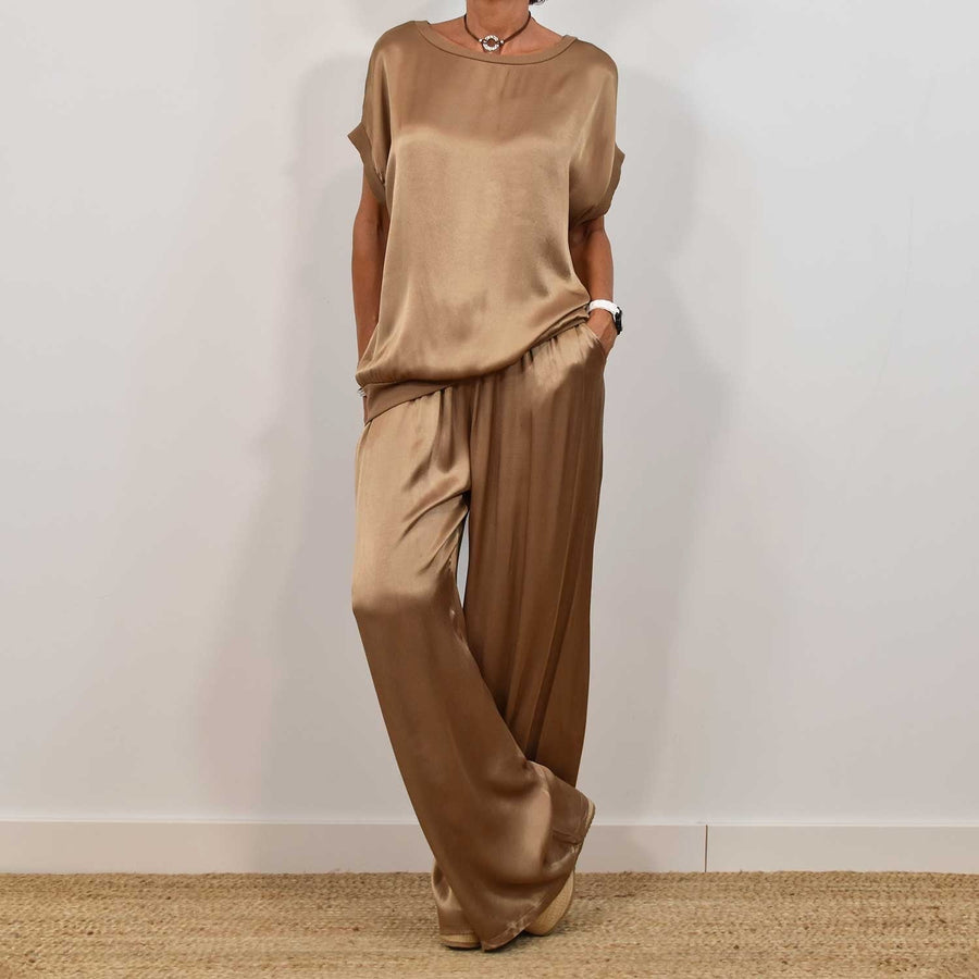 Satin Top and Wide-Leg Trouser Set