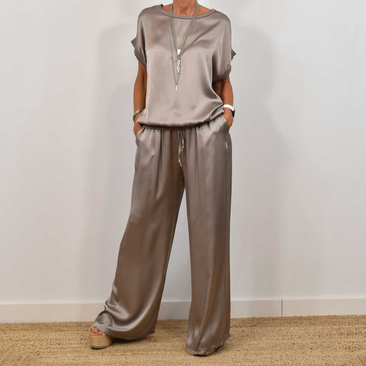 Satin Top and Wide-Leg Trouser Set