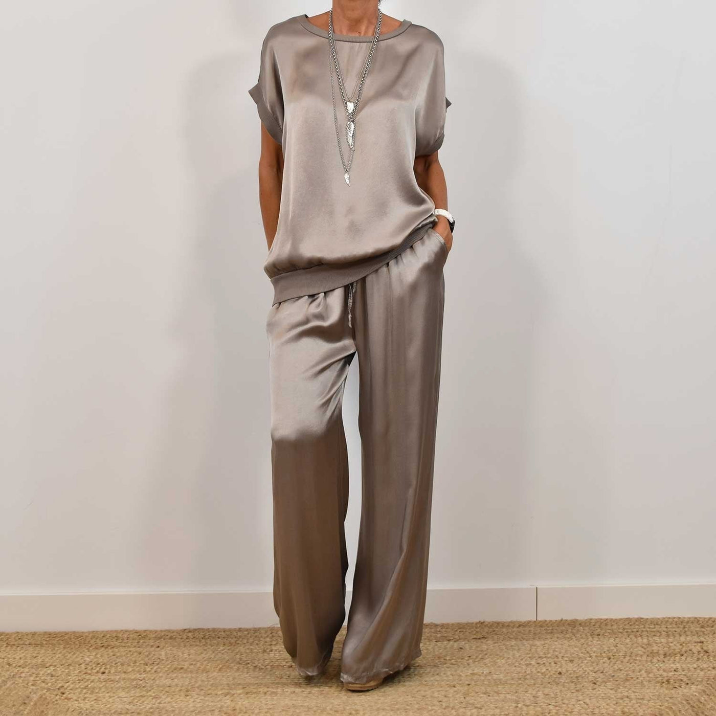 Satin Top and Wide-Leg Trouser Set