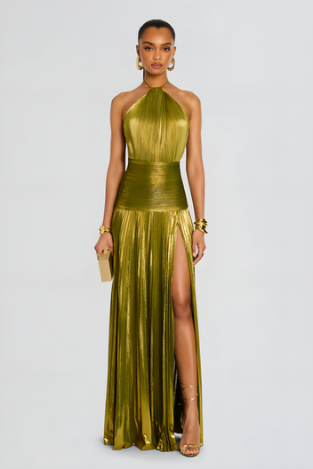 Green Halterneck Pleated Maxi Dress