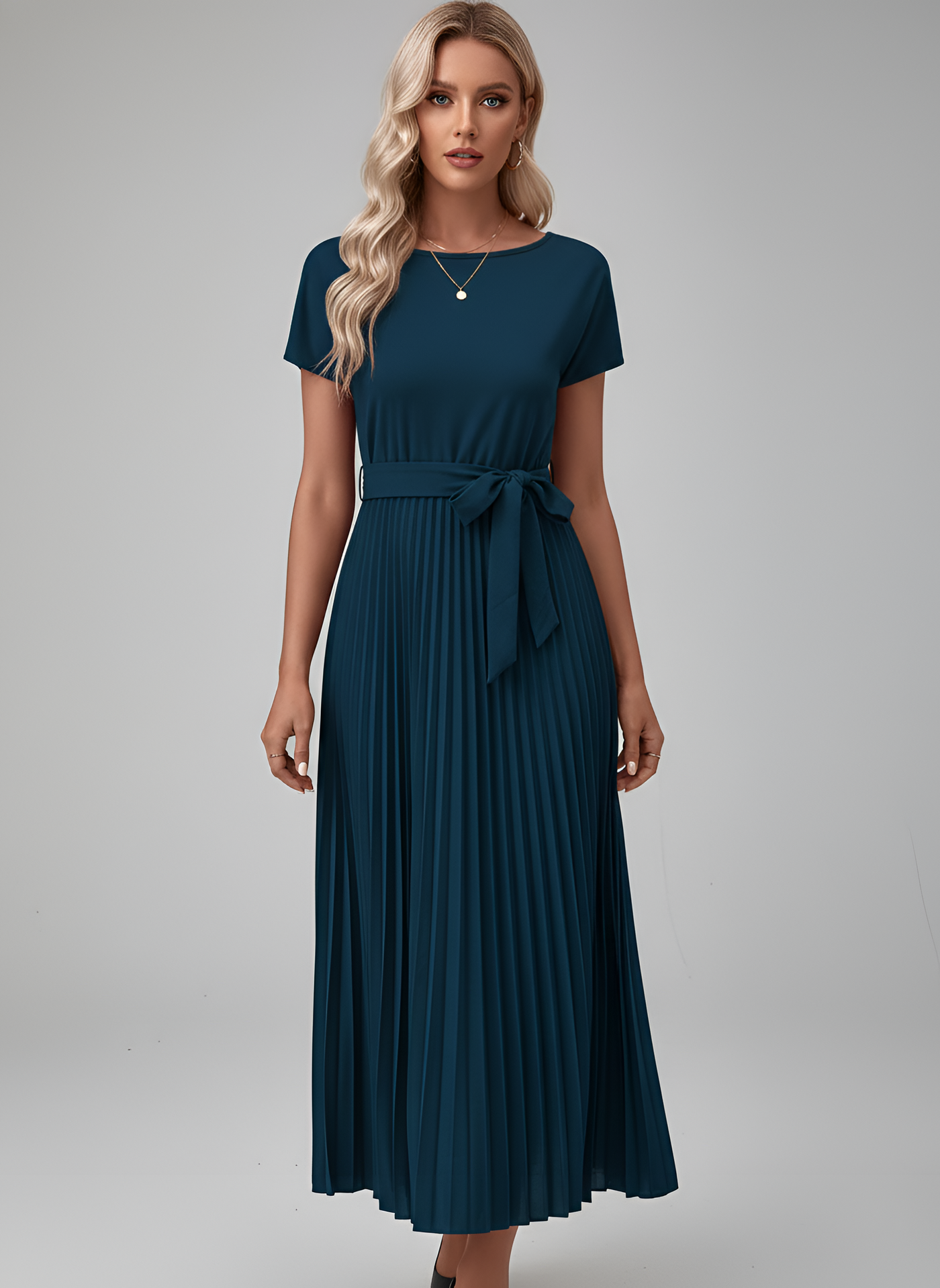 Belted Pleated Midi Dress