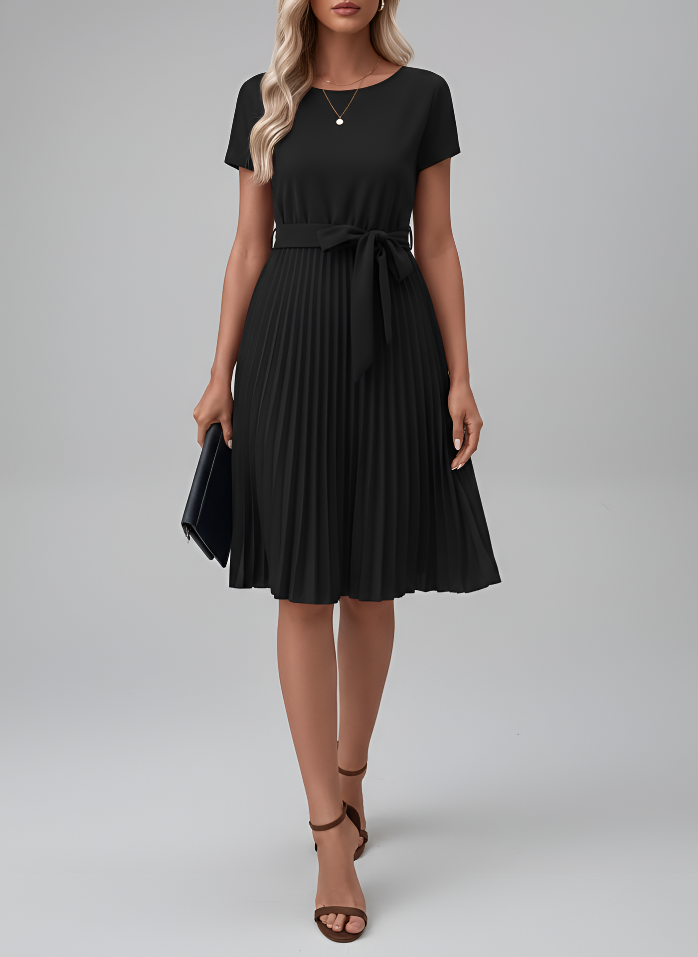 Belted Pleated Midi Dress