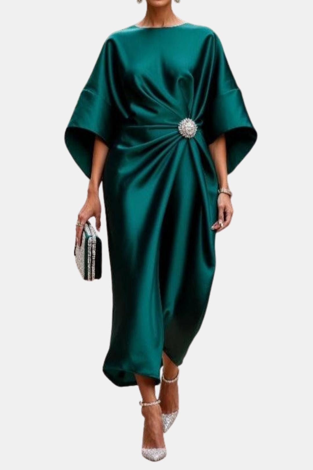 Wide-Sleeve Satin Maxi Dress
