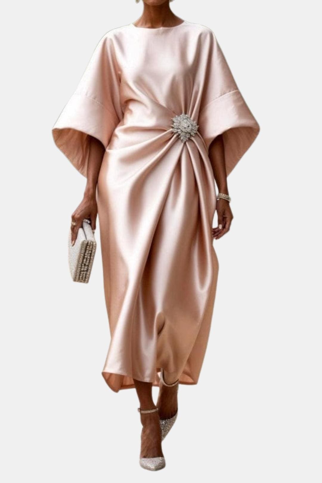 Wide-Sleeve Satin Maxi Dress