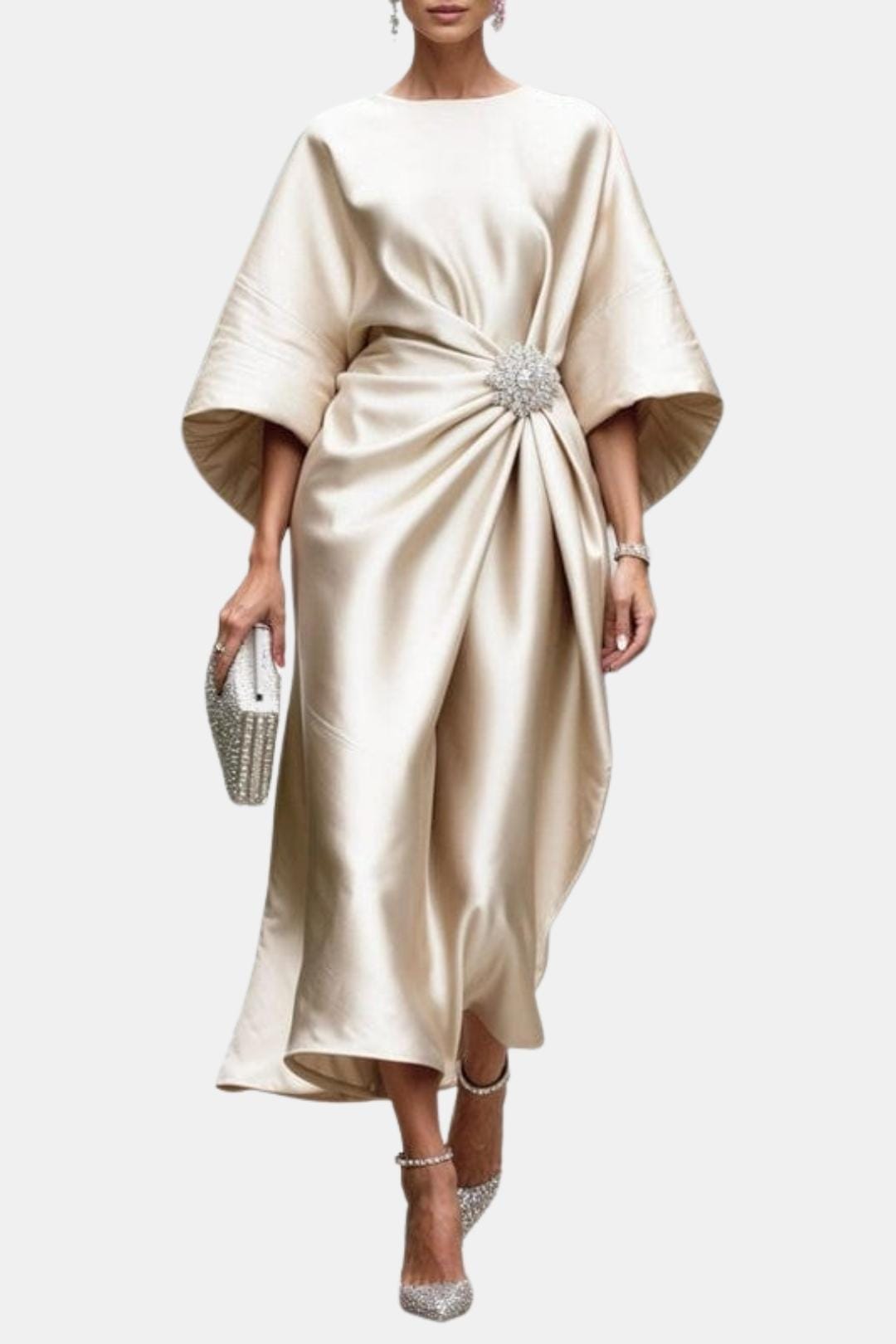 Wide-Sleeve Satin Maxi Dress