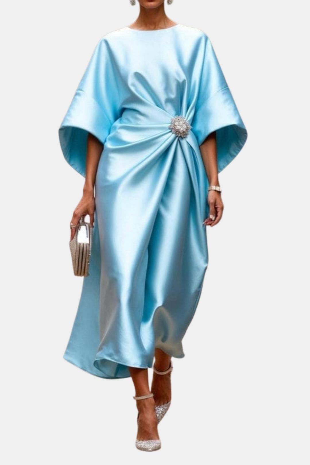 Wide-Sleeve Satin Maxi Dress