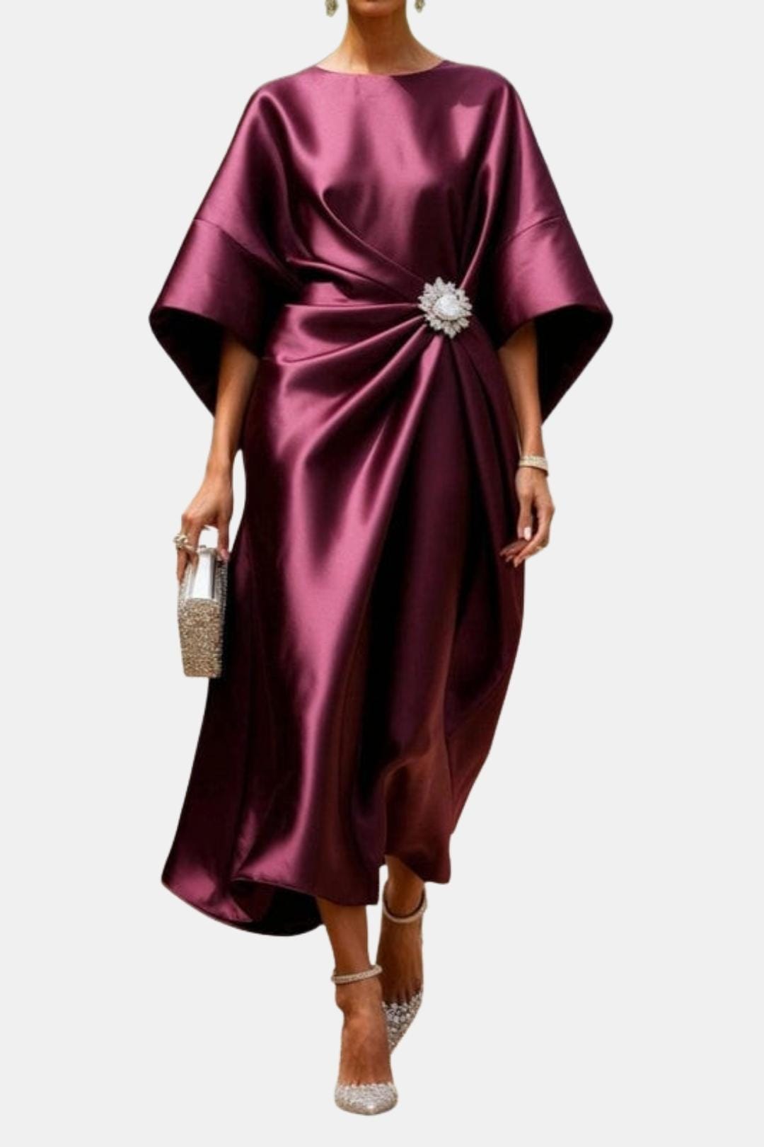 Wide-Sleeve Satin Maxi Dress