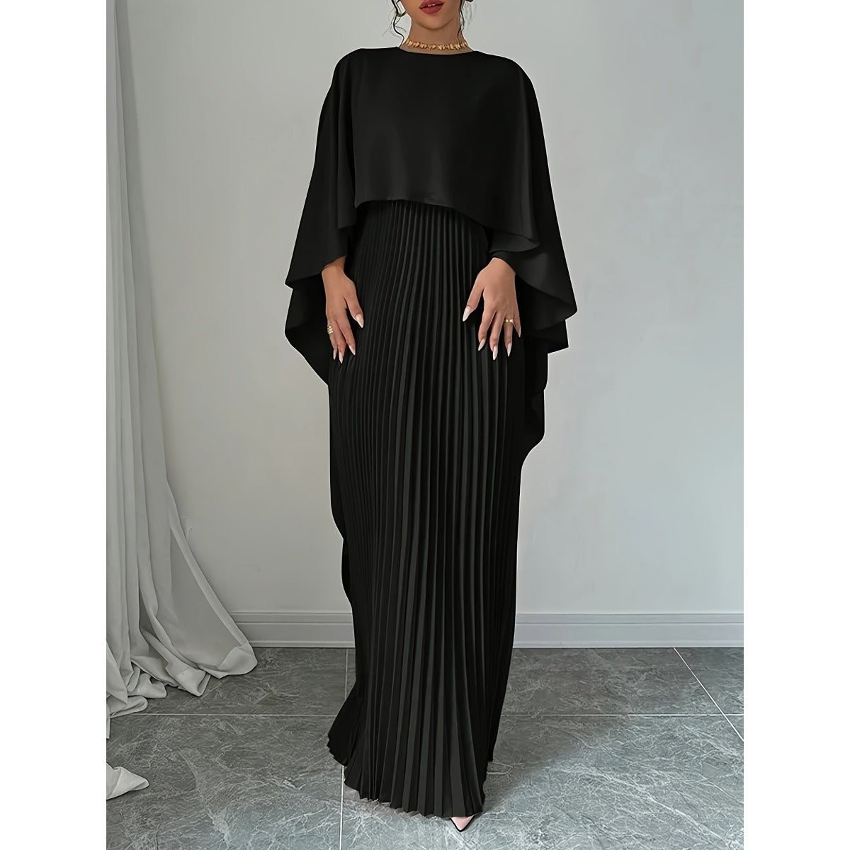 High-Neck Pleated Chiffon Maxi Dress