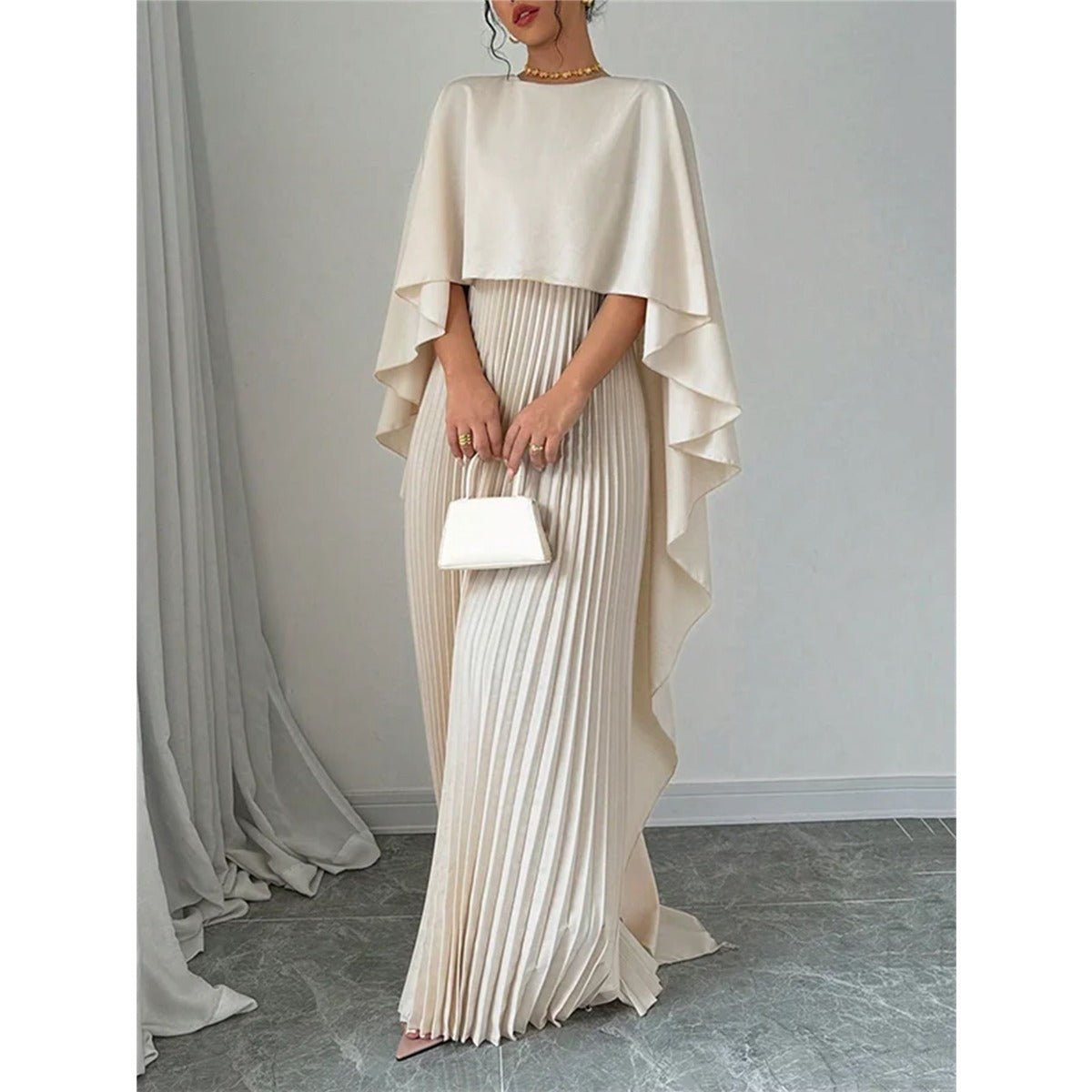 High-Neck Pleated Chiffon Maxi Dress