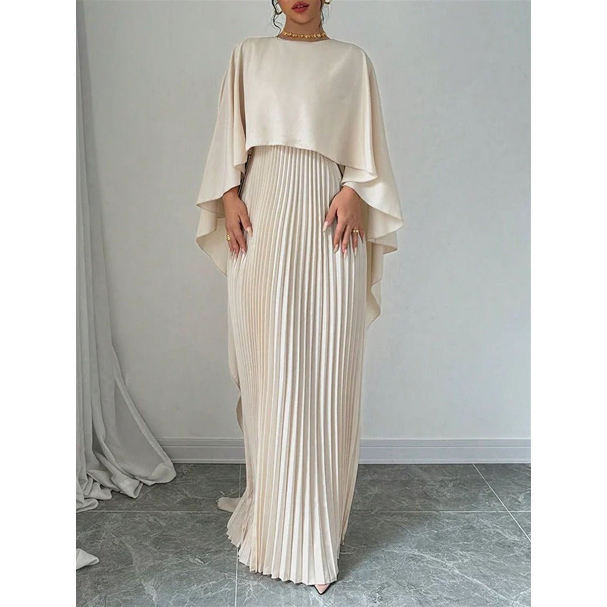 High-Neck Pleated Chiffon Maxi Dress