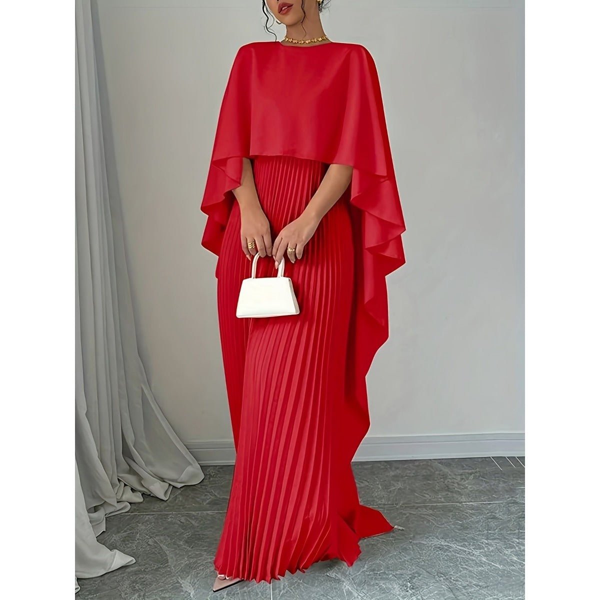 High-Neck Pleated Chiffon Maxi Dress