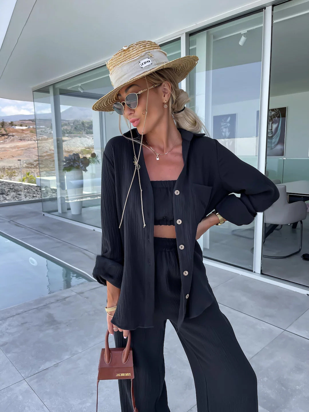 Crinkle Shirt and Straight Trouser Set