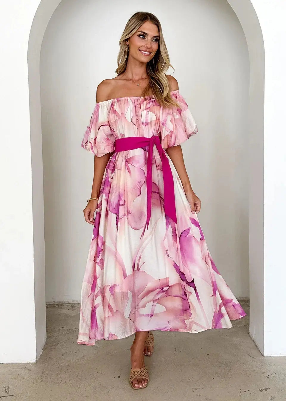 Floral Ruffle-Sleeve Summer Maxi Dress