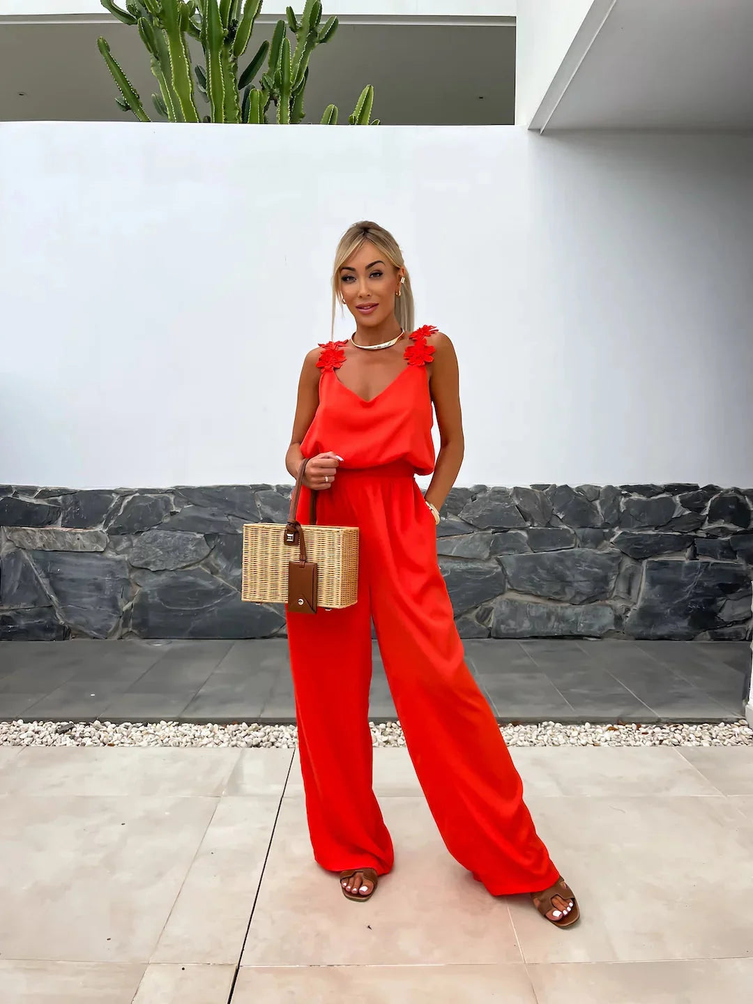 Floral-Strap Wide-Leg Jumpsuit