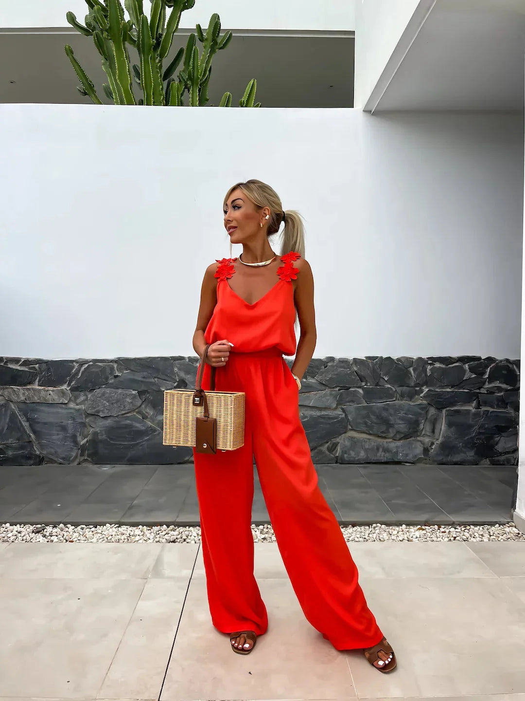 Floral-Strap Wide-Leg Jumpsuit