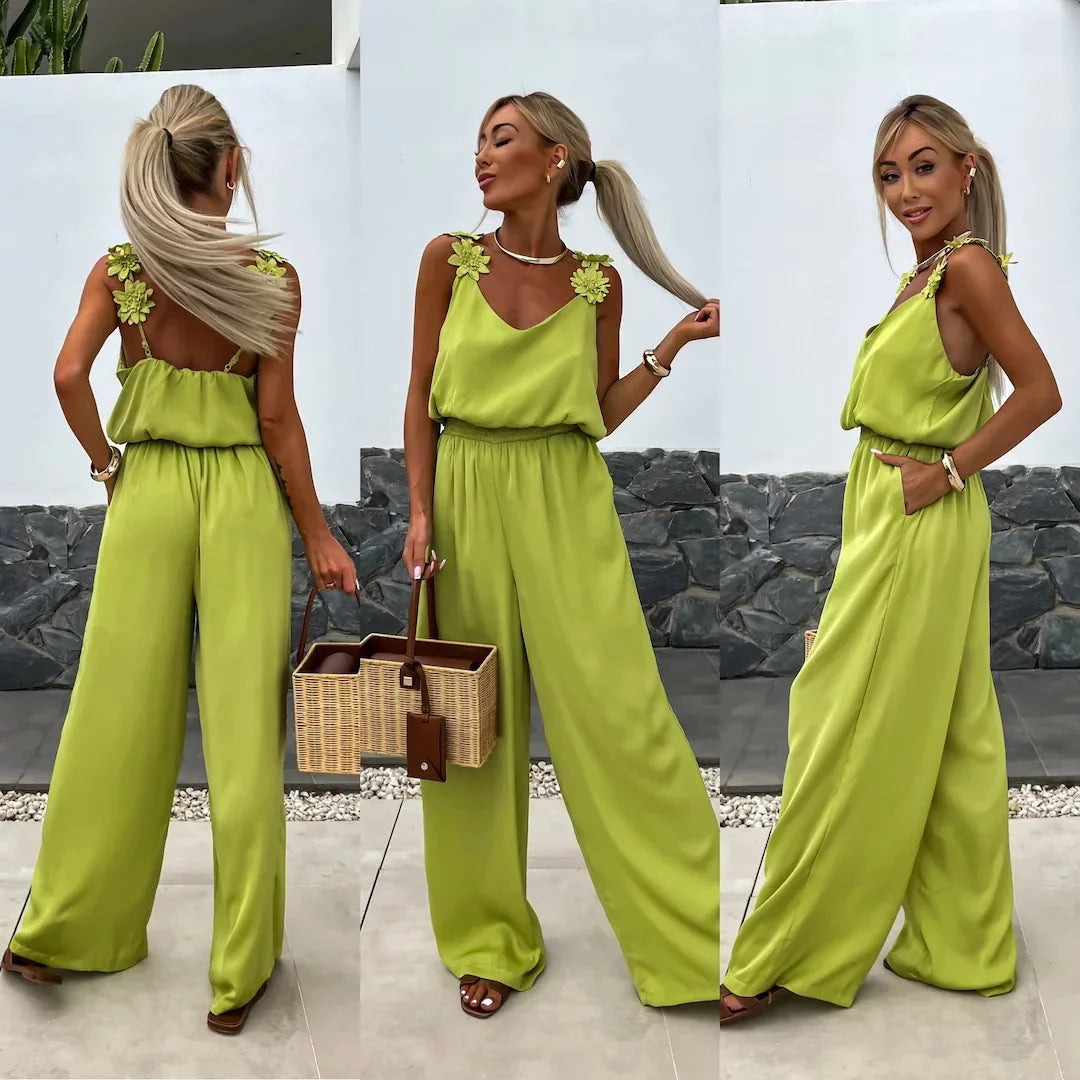 Floral-Strap Wide-Leg Jumpsuit