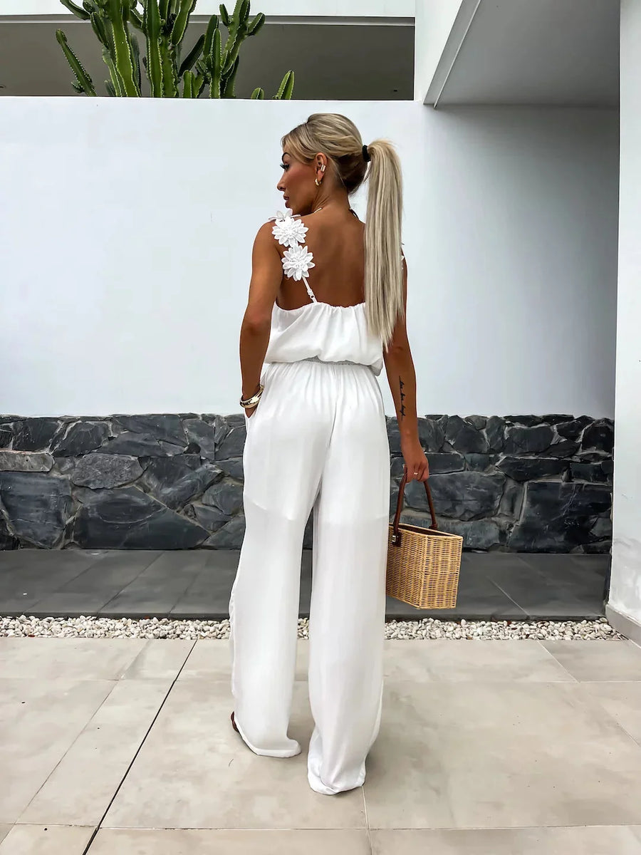 Floral-Strap Wide-Leg Jumpsuit