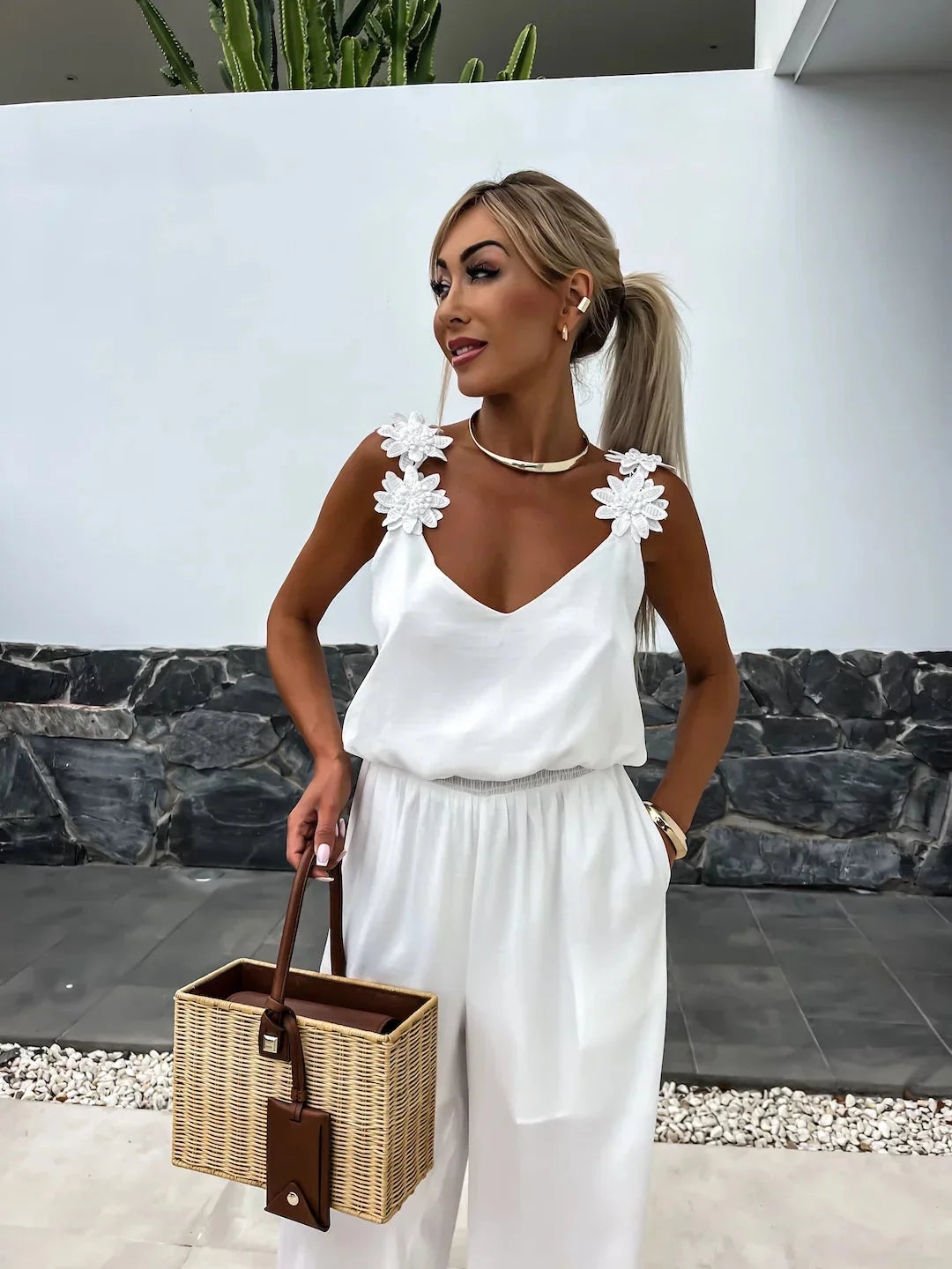 Floral-Strap Wide-Leg Jumpsuit