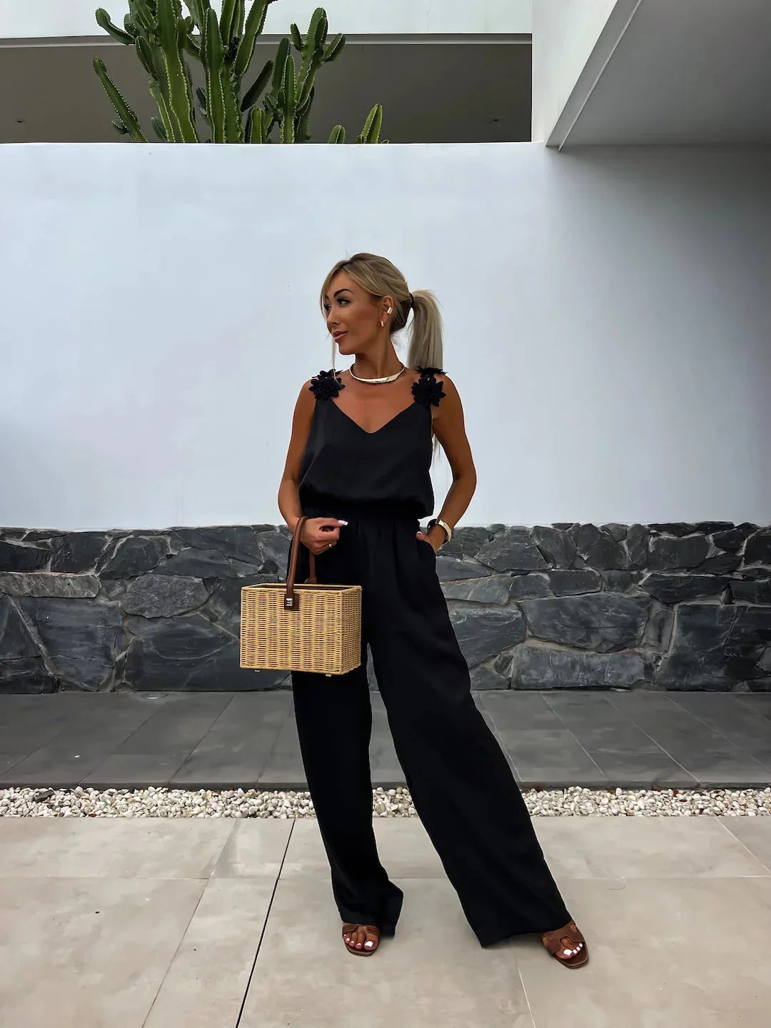 Floral-Strap Wide-Leg Jumpsuit