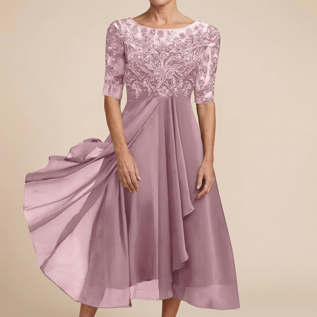 V-Neck Lace Wedding Guest Midi Dress