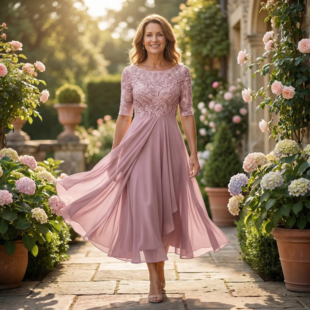 V-Neck Lace Wedding Guest Midi Dress