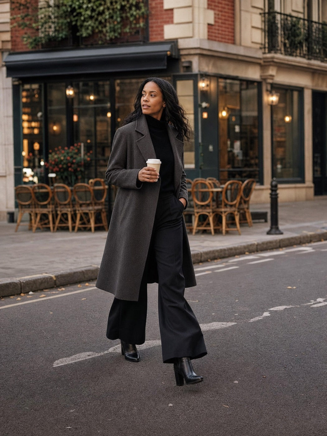 Woman wearing a charcoal coat on a London street